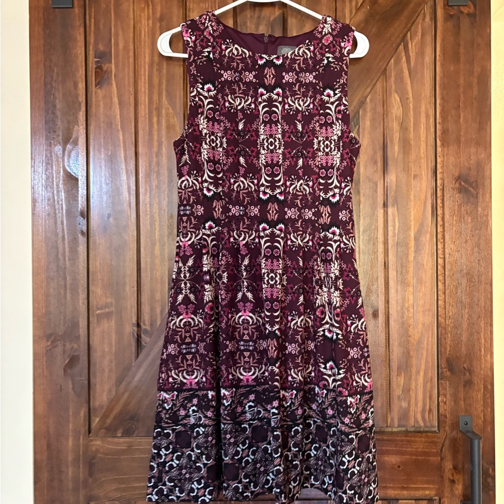 Vince Camuto Burgundy and Pink Patterned Midi Dress